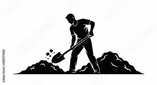 Man digging with shovel in dirt pile silhouette.