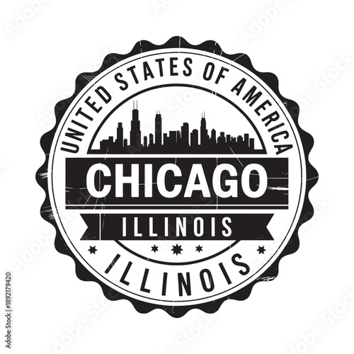 Vintage style circular badge featuring the chicago skyline and illinois text