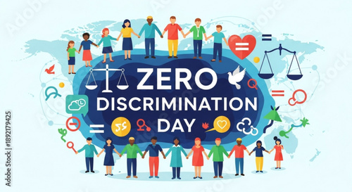 Diverse people unite for zero discrimination day with equality symbols and scales of justice on a light blue background