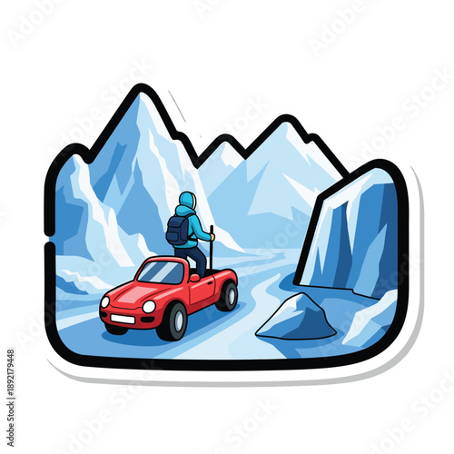 Stylized illustration of person on red car in snowy mountain landscape