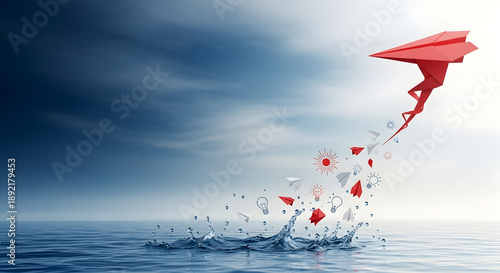 Vibrant paper plane soaring over ocean with creative ideas exploding