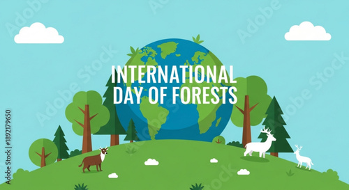 International day of forests illustration with animals and globe on green hill