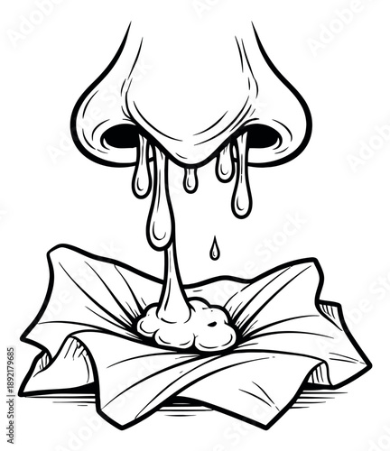 Hand drawn line art illustration of a runny nose depicting mucus dripping into a crumpled tissue for health and medical concepts