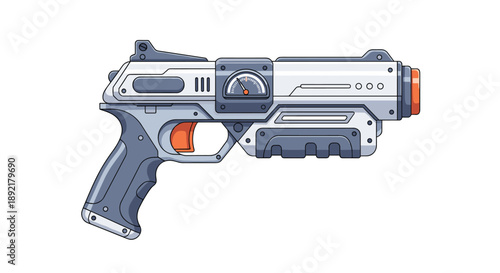 Detailed illustration of a futuristic sci-fi ray gun or steampunk pistol with various technical gauges and components.