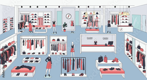 Wide interior view of a modern clothing boutique with mannequins, clothing racks, and shelves displaying stylish apparel.