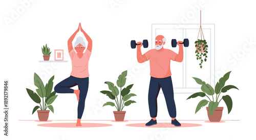 Senior couple staying active at home with woman practicing yoga tree pose and man lifting dumbbells in bright room.