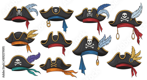 Collection of classic pirate captain hats featuring skull and crossbones emblems with colorful ribbons and feathers.
