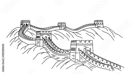 The Great Wall of China illustration with watchtowers and fortifications.