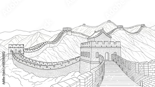 Detailed black and white illustration of the Great Wall of China.