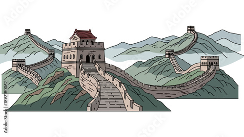 Illustration of the Great Wall of China with watchtowers and mountains.