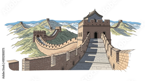 Ancient Chinese Architecture Great Wall Illustration.