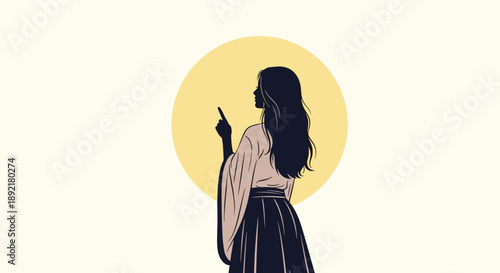 Elegant silhouette of a long haired woman pointing upwards towards the sky against a bright yellow circular background.