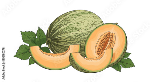 Ripe whole cantaloupe melon presented with fresh green leaves and several juicy orange slices on a white background.