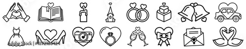 Collection of minimalist black line icons for wedding planning celebration and romantic events
