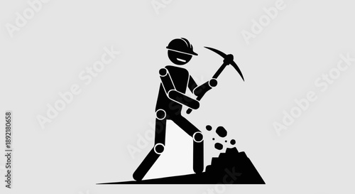 Miner silhouette digging with pickaxe and breaking rocks.