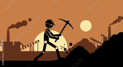 Miner Silhouette Working With Pickaxe At Dusk.