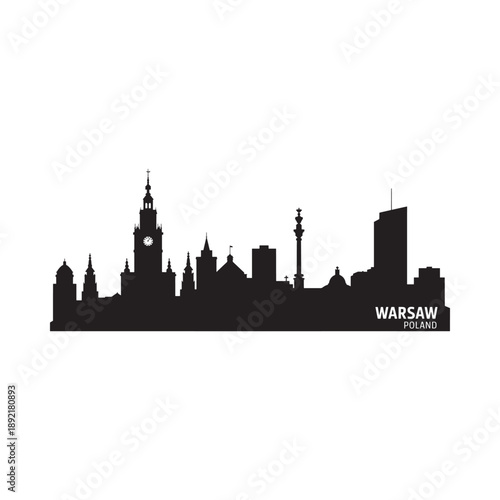 Warsaw skyline silhouette against a white background showing city architecture