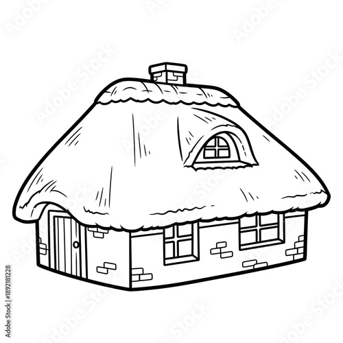 Simple cartoon thatched roof cottage drawing