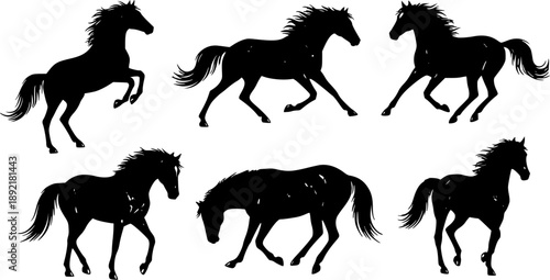 Running and Rearing Black Horse Illustration Set for Logo, T Shirt Design, Tattoo, Poster, and Branding