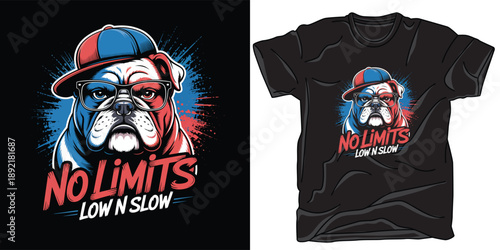 Stylish bulldog wearing glasses and cap on t-shirt design