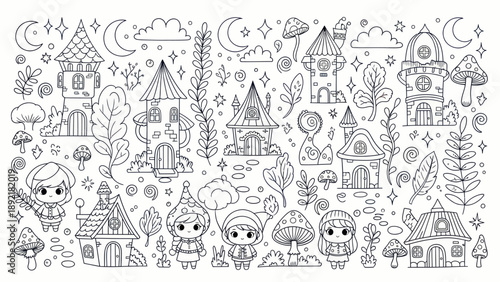 Whimsical Fantasy Village with Cute Characters and Enchanted Houses.