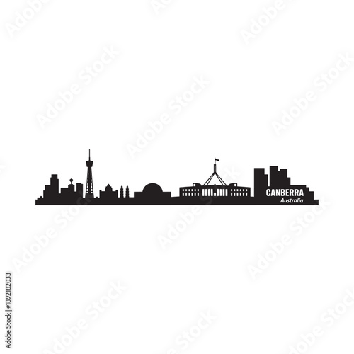 Canberra skyline silhouette against a white background showcasing australian landmarks