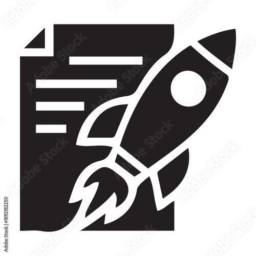Graphic icon of a document with a rocket blasting off, representing startup, launch, or fast project completion