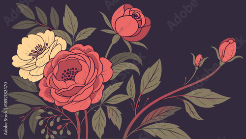 Elegant Vintage Floral Illustration with Blooming Roses and Leaves