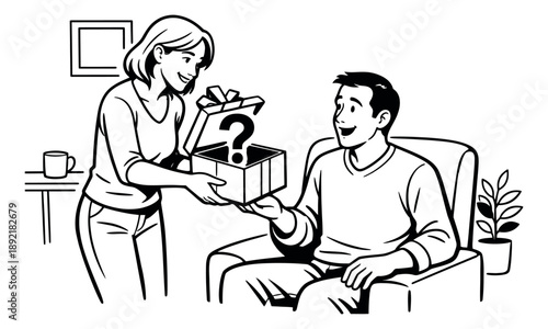 Hand drawn line art illustration of a happy couple depicting a mystery gift exchange for a celebration