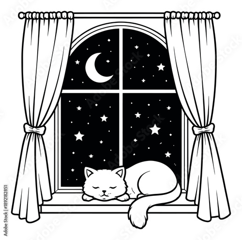 Hand drawn line art illustration of a cat sleeping on a window sill depicting a starry night sky for a peaceful slumber