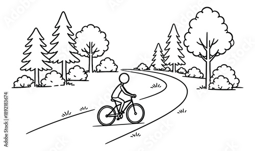 Hand drawn line art illustration of a person riding a bicycle depicting an outdoor journey for recreation