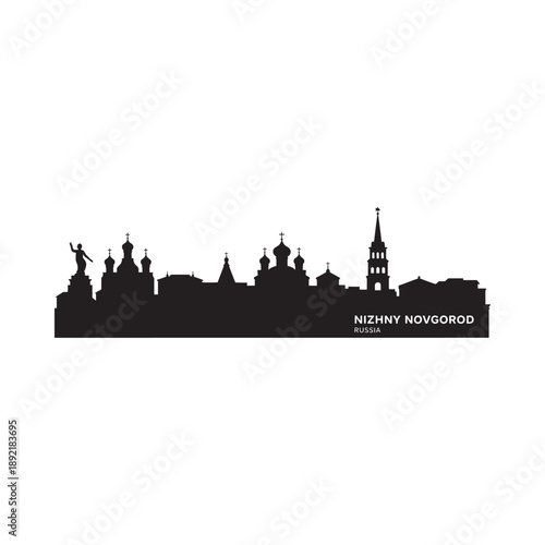 Silhouette of nizhny novgorod skyline with landmarks and text below