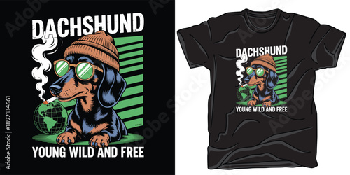 Cool dachshund wearing sunglasses and beanie on t-shirt design