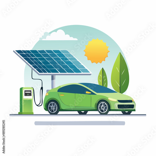 Electric car charging at solar powered station with green leaves nearby in daylight