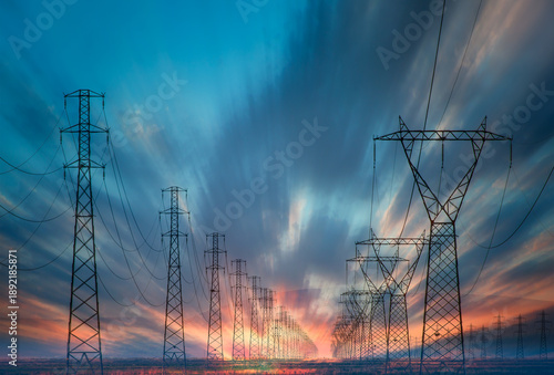 High voltage power lines with amazing sunset