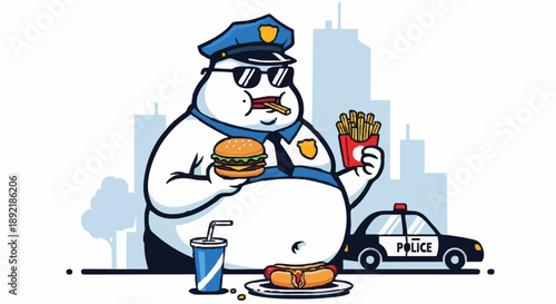 Obese Police Officer Eating Fast Food Burger Fries Soda Hotdog.