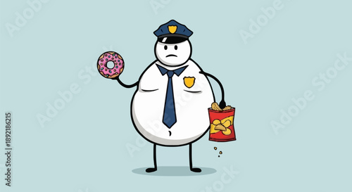 Obese Police Officer Holding Donut and Chips.