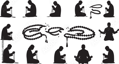 Silhouette of a person praying with rosary beads collection
