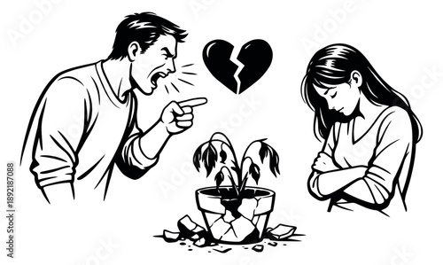 Hand drawn line art illustration of a couple depicting an argument and broken relationship for concepts of divorce and emotional distress