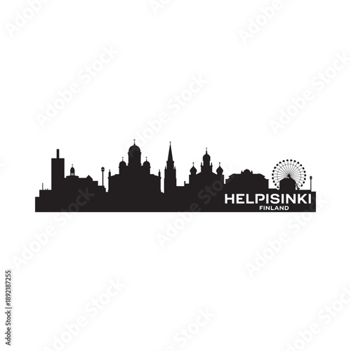 A striking black silhouette of the helsinki cityscape with text below