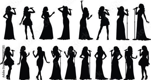 Collection, of, black, silhouettes, featuring, female, singers, and, vocalists, performing, with, microphones, in, elegant, gowns, for, music, entertainment, and, performance.