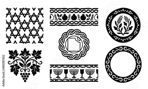 Jewish decorative elements silhouette vector set for heritage design