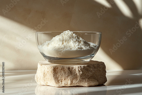 Hydrolyzed bovine collagen peptides powder in a transparent plate on a stone stand, closeup