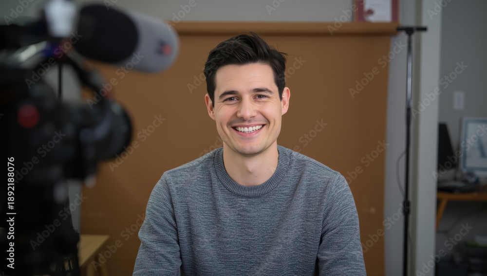 Fototapeta premium Smiling male content creator recording video in home studio with microphone and camera visible