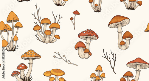 A charming seamless pattern of various hand-drawn autumn mushrooms and twigs in warm, earthy tones on a light cream background.