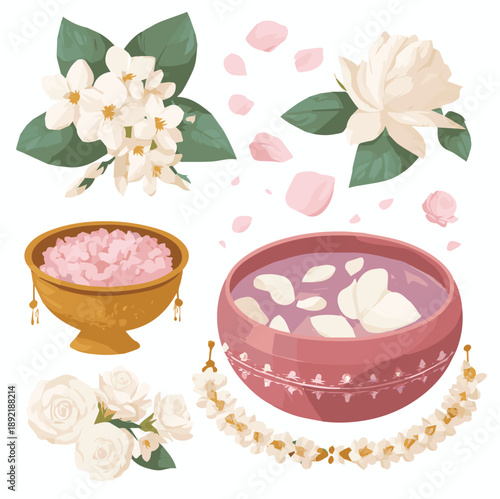 Thai Songkran flower elements, jasmine flowers, rose petals, floral garlands, scented water bowl, traditional Thai culture