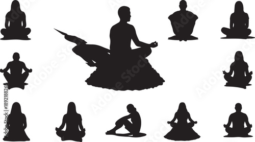 Yoga silhouettes of people in various meditation poses collection
