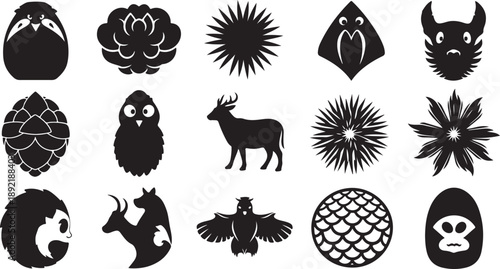 Collection of animal and nature silhouettes on white background