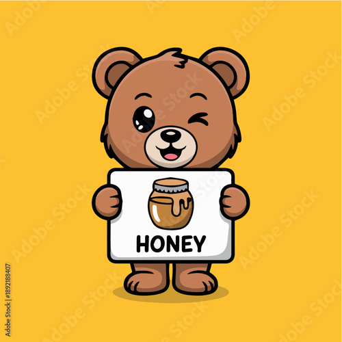 Vector A charming cartoon brown bear winking playfully while holding a white sign with a honey pot icon and the word "HONEY", against a vibrant yellow background.