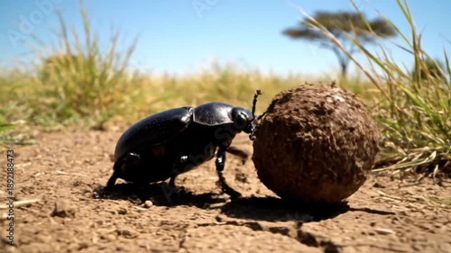 A black beetle rolling a large dung ball across dry soil in a sunny field with tall grass